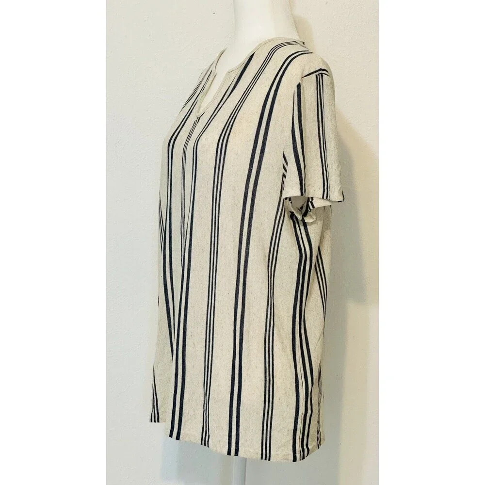 ZARA Women Size L  Stripe Short Sleeve Linen Blend Top Lagenlook Italian Fabric